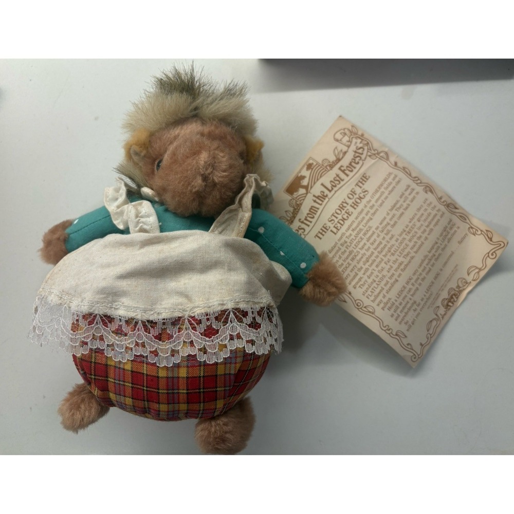 The Lost Forests Vintage Ledge Hog Plush Toy with Apron and Plaid Pants